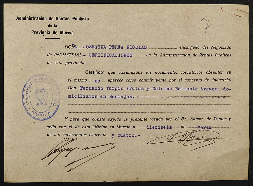 Expediente nº 134/1944 de beneficiario del subsidio al combatiente de Fernando Turpín Frutos